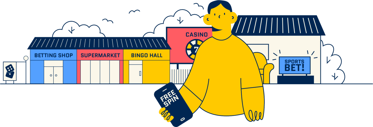 Graphic of man in front of a betting shop, supermarket, bingo hall, casino and house with TV that says 'sports bet!'.